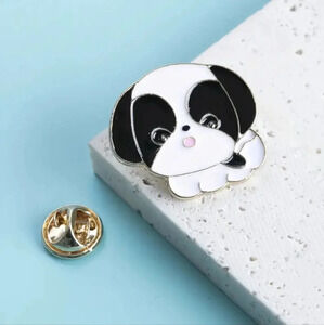 Adorable Black and White Enamel Dog Pin in Gold Tone